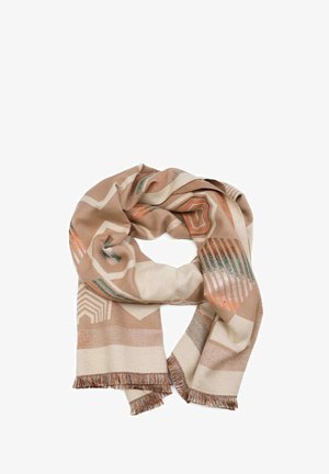 Sciarpa beige e crema con motivo geometrico in arancione e verde, con dettagli a frange lungo i bordi. Realizzata in tessuto morbido.