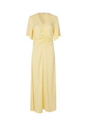 Abito lungo giallo con scollo a V, maniche corte, spacco laterale e dettagli arricciati in vita. Realizzato in tessuto liscio e leggero.
