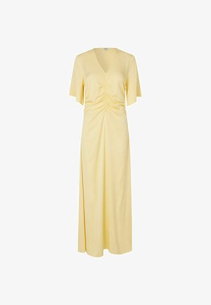 Abito lungo giallo con scollo a V, maniche corte, spacco laterale e dettagli arricciati in vita. Realizzato in tessuto liscio e leggero.