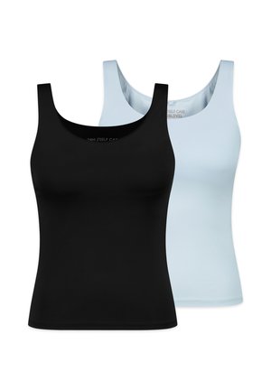 Zwei ärmellose Tanktops, eines vorne schwarz und eines hinten hellblau, beide mit Rundhalsausschnitt auf weißem Hintergrund.