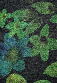 Floral fabric featuring large green and blue flowers and leaves on a dark background, with a textured, knitted appearance.