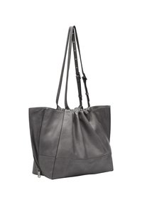 Graue Leder-Shopper-Tasche mit einem gerafften Oberteil, strukturiertem Boden, zwei verstellbaren Trägern und einer seitlichen Reißverschlusstasche. Glatte Textur, minimalistisches Design.