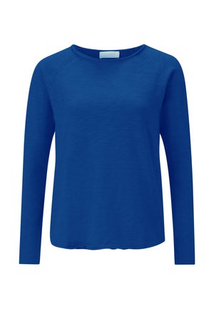 Long-sleeve women's crew neck shirt in solid royal blue, made from soft, lightweight fabric with a relaxed fit.