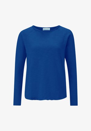 Ženska majica z dolgimi rokavi in okroglim izrezom v enobarvni kraljevo modri barvi, izdelana iz mehke, lahke tkanine s sproščenim krojem.