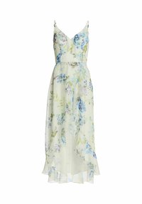 Robe mi-longue florale, tissu léger, base jaune verdâtre avec des fleurs bleues et violettes, encolure et ourlet à volants, bretelles spaghetti ajustables.