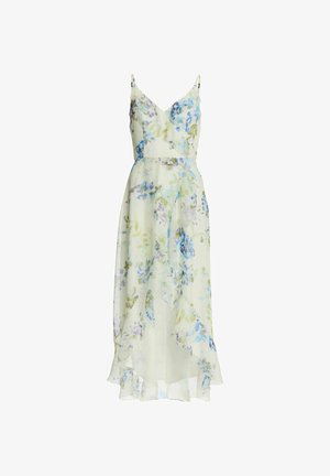Bloemen midi-jurk, lichte stof, groenachtig-gele basis met blauwe en paarse bloemen, gerimpelde halslijn en zoom, verstelbare spaghetti bandjes.
