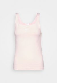 Light pink tank top made from a smooth textile, featuring a round neckline, wide straps, and a subtle white logo on the chest.