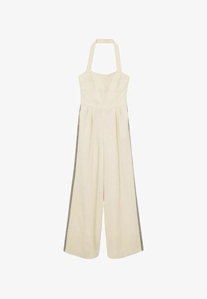 Cremefarbenes Jumpsuit mit weitem Bein, Halsbande, taillierter Taille und seitlichen Akzenten mit schwarzen dekorativen Nähten.