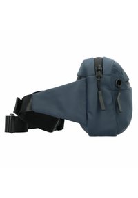 Marineblaue Bauchtasche aus strukturiertem, wasserabweisendem Material. Verfügt über einen Reißverschluss, einen verstellbaren Riemen und zwei Seitentaschen.