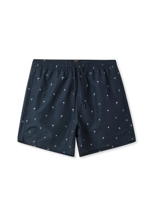 Costumi da bagno navy realizzati in un materiale leggero, con un motivo a palme bianche. Vita elasticizzata con coulisse per la regolazione.