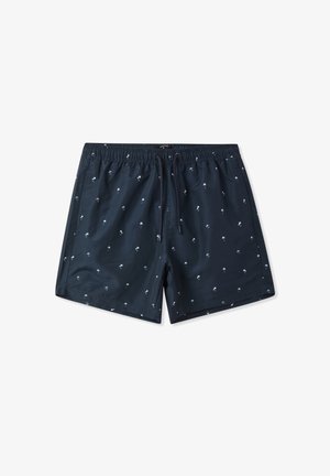 Costumi da bagno navy realizzati in un materiale leggero, con un motivo a palme bianche. Vita elasticizzata con coulisse per la regolazione.