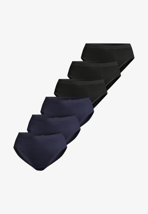 Drei schwarze und drei marineblaue Damen-Bikinislips, angeordnet in zwei diagonalen Reihen auf weißem Hintergrund.