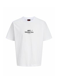Hvid kortærmet T-shirt med teksten "UFC Undeniable Force" i sort, centreret på brystet.
