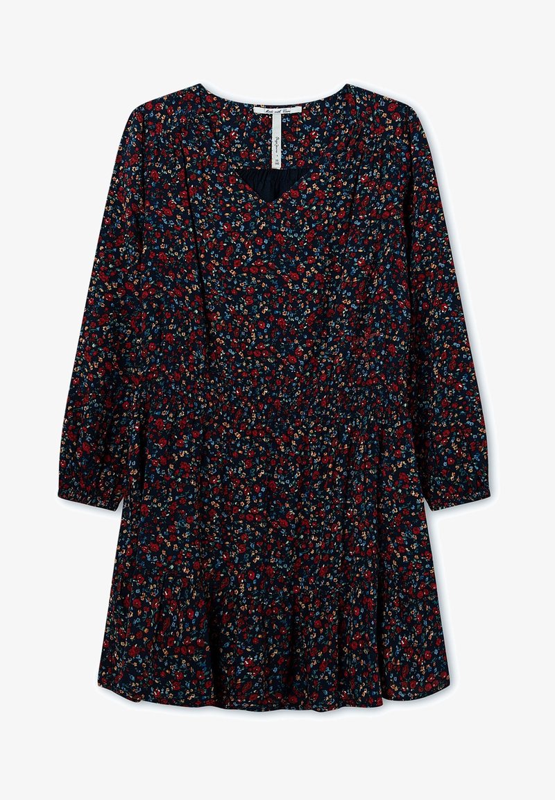 Robe bleu foncé à manches longues avec un motif floral rouge, bleu et beige, taille froncée et ourlet à volants.
