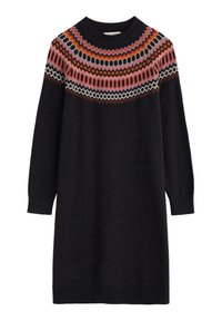 Černé pletené šaty s vzorovaným živůtkem v oranžové, růžové, červené a bílé barvě, s dlouhými rukávy a žebrovanými manžetami a lemem.