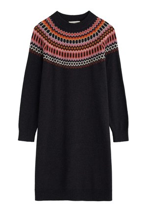 Abito nero a maglia con un colletto decorato in arancione, rosa, rosso e bianco, maniche lunghe e polsini e orlo a coste.