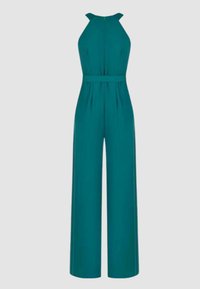 Tuta verde acqua con collo alto, design senza maniche, vita con cintura e silhouette a gamba larga. Tessuto liscio con vestibilità sartoriale.