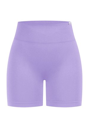 Shorts elasticizzati lilla con vita alta e costole; texture liscia; lunghezza a metà coscia; senza motivi o componenti visibili.