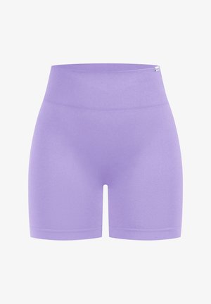 Shorts elasticizzati lilla con vita alta e costole; texture liscia; lunghezza a metà coscia; senza motivi o componenti visibili.