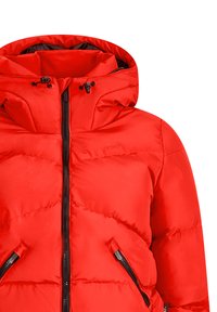 Chaqueta de invierno acolchada de color rojo brillante con capucha, cremallera negra y bolsillos con cremallera, diseñada para el clima frío.