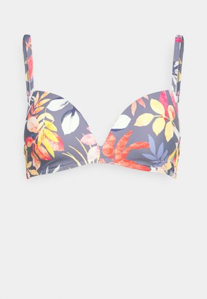 Top de bikini com padrão floral e copas almofadadas, fundo cinza e alças ajustáveis. Apresenta folhas vibrantes em tons de rosa, amarelo e azul.