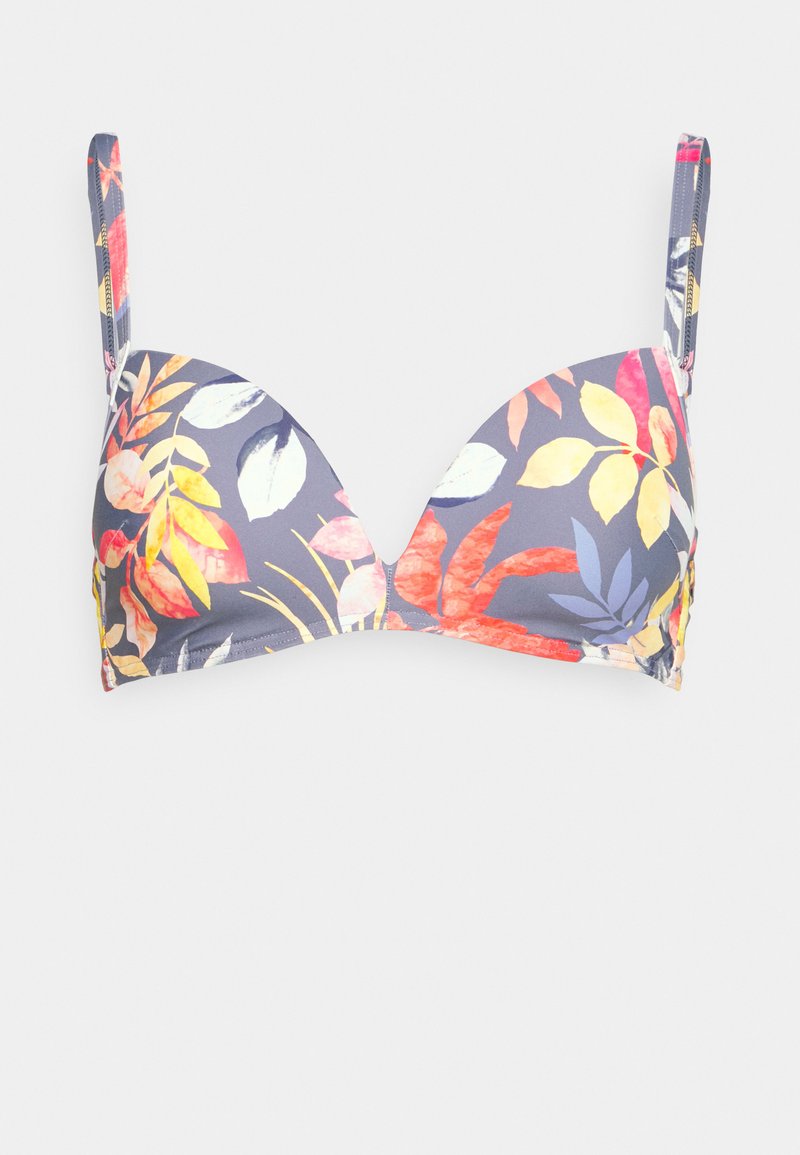 Blomstermønstret bikinioverdel med polstrede kopper, grå bakgrunn og justerbare stropper. Har livlige blader i rosa, gule og blå nyanser.
