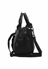 Borsa a mano in pelle nera con doppi manici, tracolla regolabile, chiusura a zip e tasca laterale. Texture liscia e leggero lucentezza.