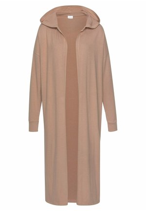 Lange, beige cardigan met een capuchon, gemaakt van zachte stof, met lange mouwen, een open voorzijde en een ongestructureerd ontwerp.