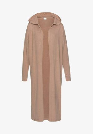 Lange, beige cardigan met een capuchon, gemaakt van zachte stof, met lange mouwen, een open voorzijde en een ongestructureerd ontwerp.