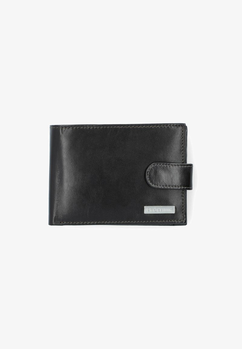 Czarny skórzany portfel o gładkiej fakturze, składany w stylu bi-fold, z zapięciem na zatrzask i metalową metką. Szyte krawędzie i minimalistyczny styl.