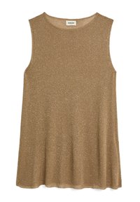 Lichtbruine mouwloze top van zachte, glanzende stof; heeft een ronde halslijn en een casual, losse pasvorm met subtiele textuur.