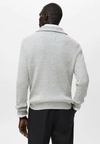 Pulover gri deschis cu dungi, guler șal și textură tricotată, cu mâneci lungi și croială lejeră, asortat cu pantaloni închiși la culoare.