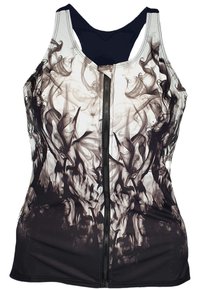 Zwart-witte sport tanktop met rits, gekenmerkt door een rokerig patroon, met een racerback ontwerp en een gladde, rekbare stof.