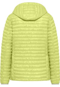 Padded jacket in bright lime green, featuring a hood, horizontal stitching, and a smooth, glossy texture. Designed for warmth and comfort.