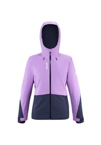 Veste à capuche violette et marine avec une fermeture éclair sur toute la longueur, dotée de panneaux contrastés, de poignets élastiques et d'un logo sur la poitrine. Matière imperméable.