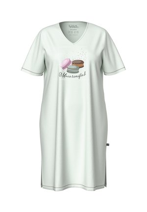 Nuisette verte claire à manches courtes, décolleté en V, ornée d'un graphisme de macaron et de texte décoratif, fabriquée dans un tissu doux et lisse.