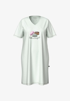 Lichtgroen nachtjapon met korte mouwen, V-hals, voorzien van een macaron grafiek en decoratieve tekst, gemaakt van zachte, gladde stof.