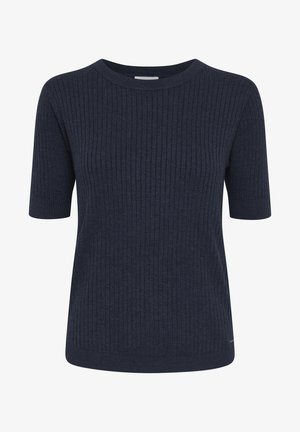 Pull en tricot côtelé bleu marine à manches courtes, avec un col rond et des détails de texture subtils, comportant un ourlet droit et sans quincaillerie visible.