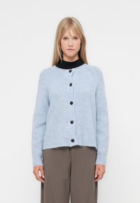 Gaiši zils kardigāns, kas izgatavots no mīksta auduma, ar apaļu dekoltē un sešām tumšām pogām priekšpusē, ar nedaudz īsāku apakšmalu.