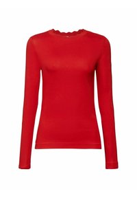 Red long-sleeve top made of soft fabric, featuring a scalloped neckline and fitted design. Smooth texture with no visible patterns or accents.