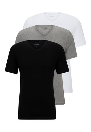 Drei V-Ausschnitt-T-Shirts in Schwarz, Grau und Weiß. Hergestellt aus Baumwolle, mit kurzen Ärmeln und einem dezenten Logo auf der Brust.