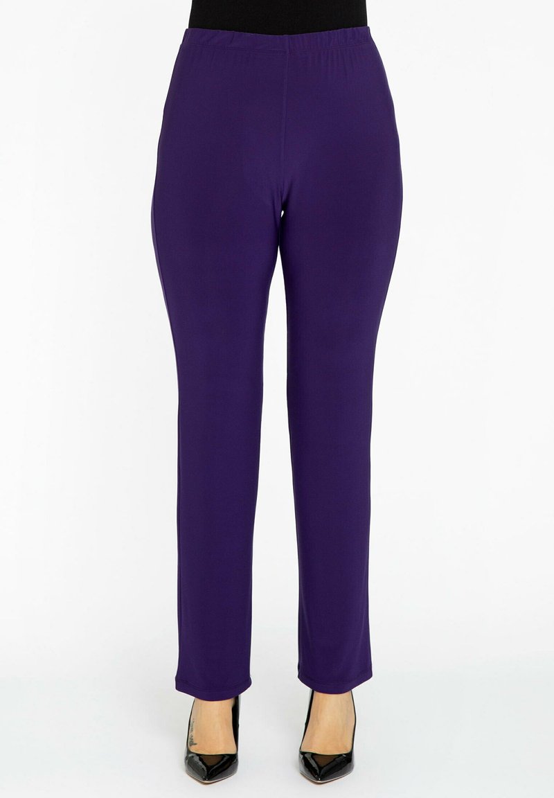 Paarse rekbare broek met een elastische tailleband, een gladde textuur en een rechte pijpdesign. Afgewerkt met een gezoomde rand voor een nette uitstraling.