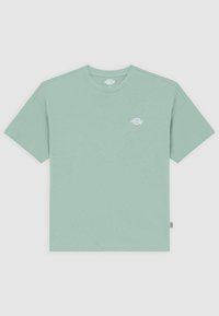 T-shirt en coton vert clair avec un col rond, des manches courtes et un petit logo blanc sur la poitrine gauche. Ourlet droit.