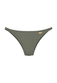 Olive green bikini bottom with a smooth, stretchy fabric. Features minimal coverage and a gold-tone brand accent on one side.