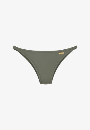 Olive green bikini bottom with a smooth, stretchy fabric. Features minimal coverage and a gold-tone brand accent on one side.