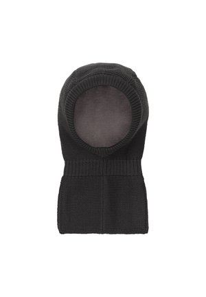 Czarna dzianinowa kominiarka z zaokrąglonym wierzchem i otwartym designem twarzy. Żebrowana tekstura na dole zapewniająca ciasne dopasowanie. Miękka podszewka wewnętrzna.