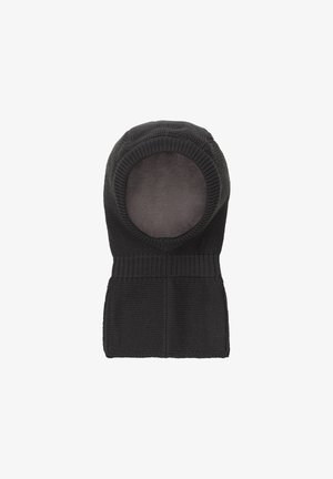 Black knit balaclava hood with a rounded top and an open face design. Ribbed texture at the bottom for a snug fit. Soft interior lining.