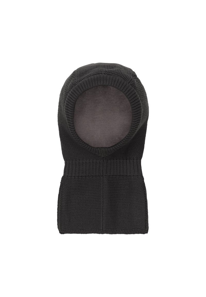Czarna dzianinowa kominiarka z zaokrąglonym wierzchem i otwartym designem twarzy. Żebrowana tekstura na dole zapewniająca ciasne dopasowanie. Miękka podszewka wewnętrzna.