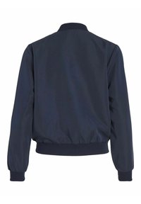 Mörkblå bomberjacka med ribbad krage och muddar, lätt material och en insamlande elastisk fåll med en ren, slät yta.