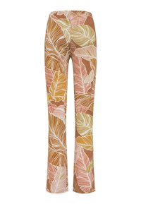 Spodnie dzwony z brązowej tkaniny zdobione dużym wzorem liści w odcieniach różu, żółci i bieli, o gładkiej fakturze i żywym wzorze.